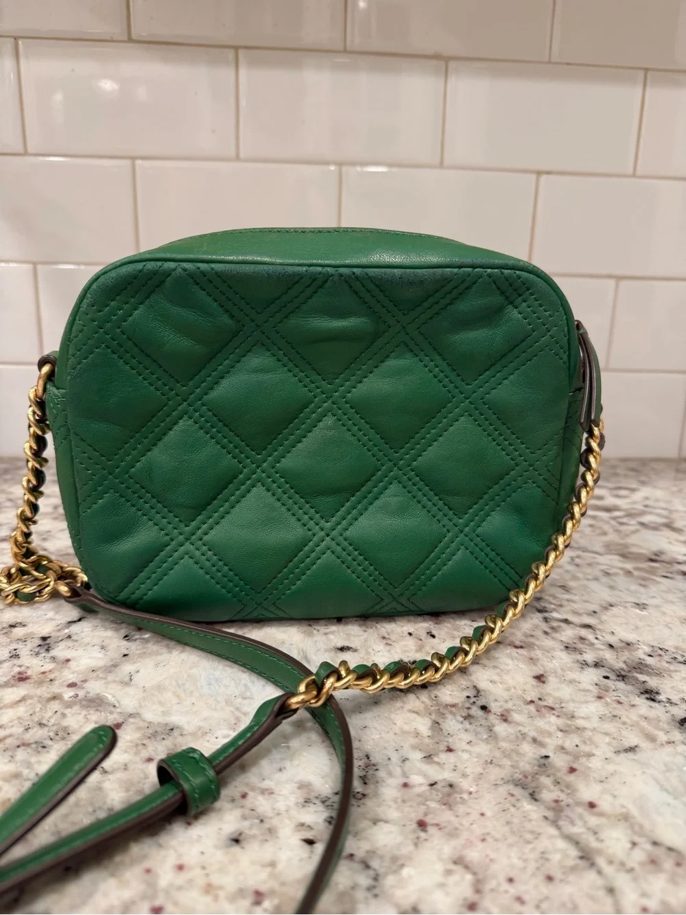 Tory Burch Green Quilted Leather Crossbody Bag with Chain Strap